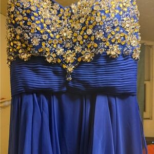 Elegant Blue and Gold Embellished Prom Dress